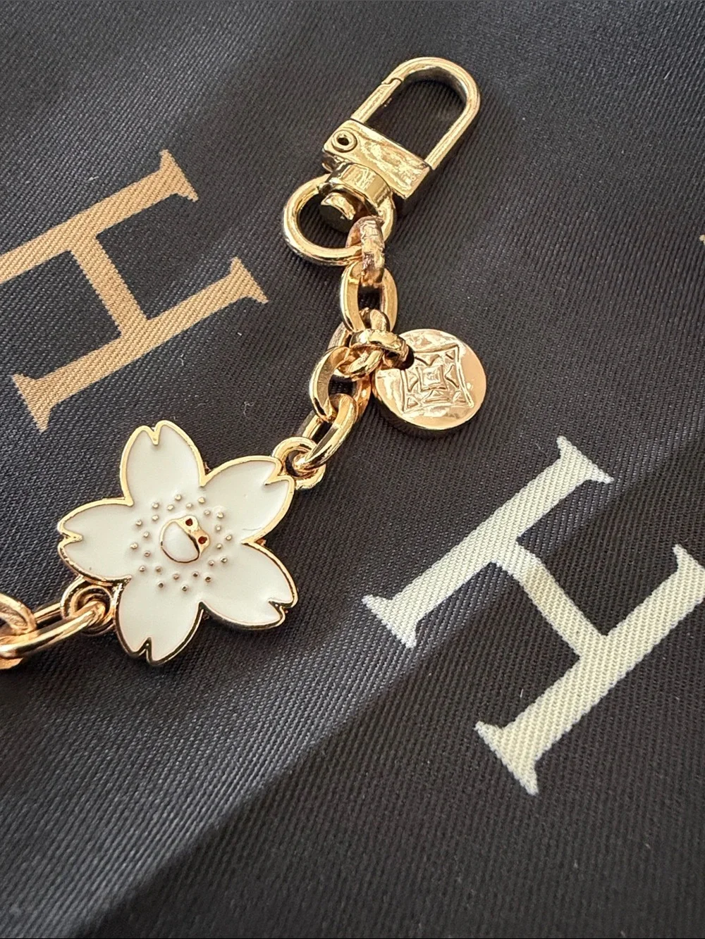 Gold-Tone Floral Charm  with White and Black Enamel handmade